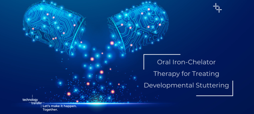Futuristic pill image. oral iron-chelator therapy for treating developmental stuttering.